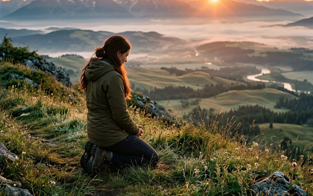 Woman kneeling on grassy hillside overlooking sunrise and misty mountain landscape