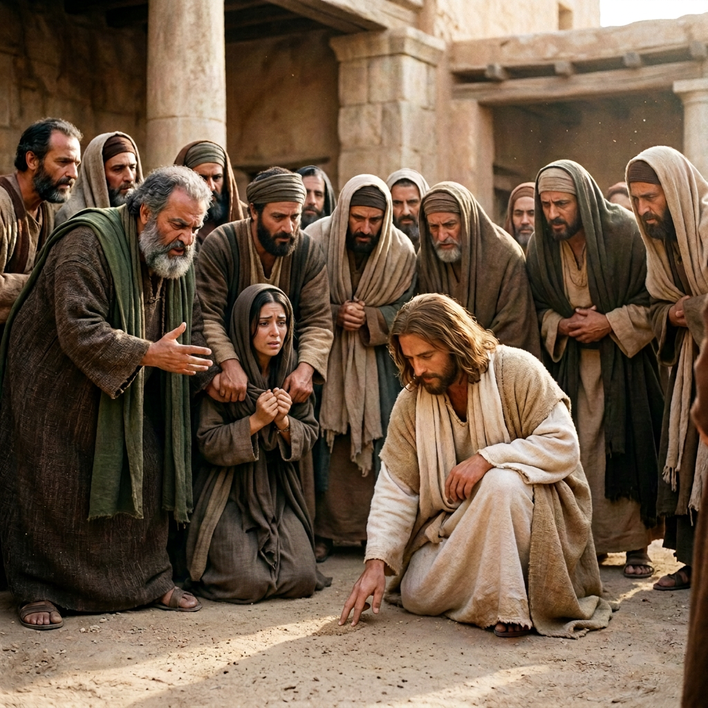 Jesus kneeling and drawing circles in the sand surrounded by attentive disciples