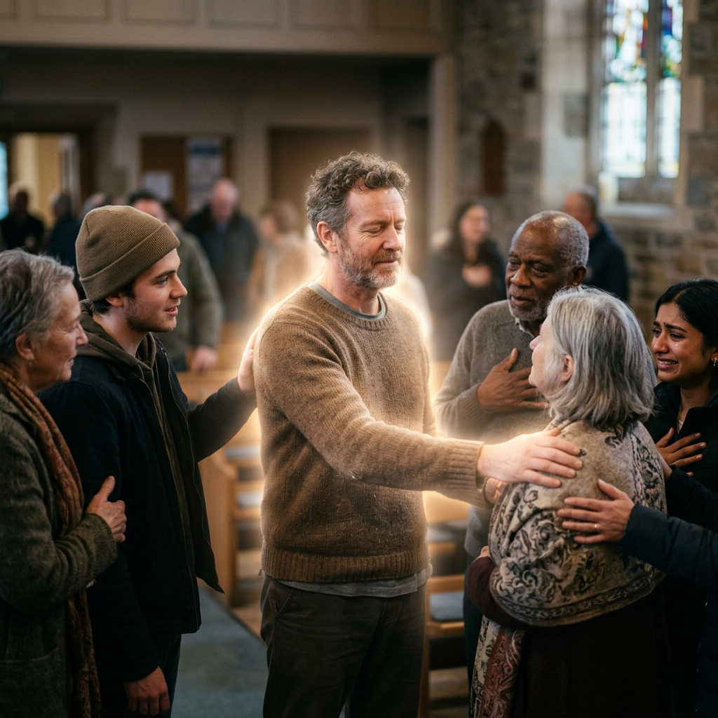 Group of diverse people offering comfort and support inside a church