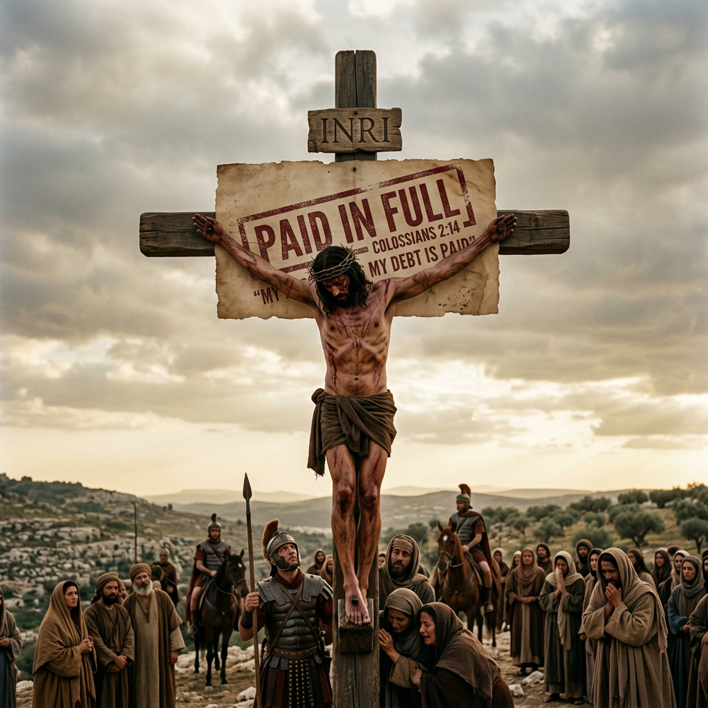 Man portraying Jesus on the cross with a large 'Paid In Full' sign and crowd below
