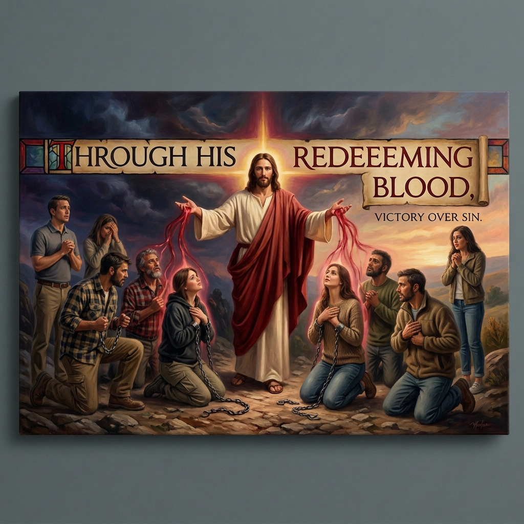 Jesus frees chained followers; text reads “THROUGH HIS REDEEMING BLOOD, VICTORY OVER SIN.”
