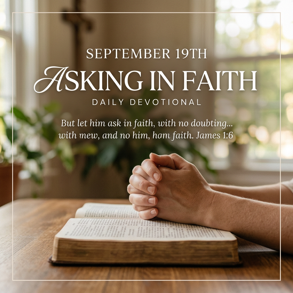September 19th Asking in Faith daily devotional; James 1:6 quote over clasped hands and open Bible