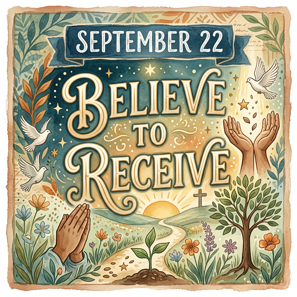 September 22 artwork reading “Believe to Receive” with hands, doves, flowers, and growing plant