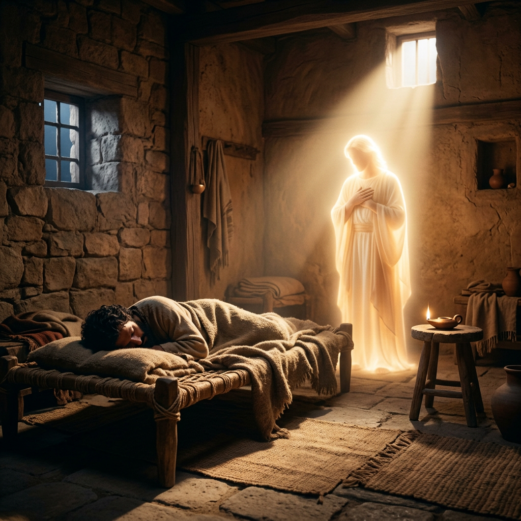 Radiant robed figure standing beside a sleeping person in a stone room