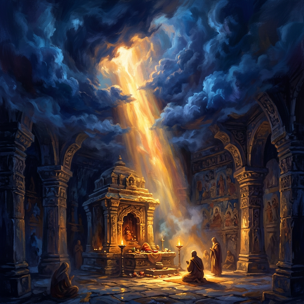 Worshippers praying around a lit altar inside a temple beneath a beam of light