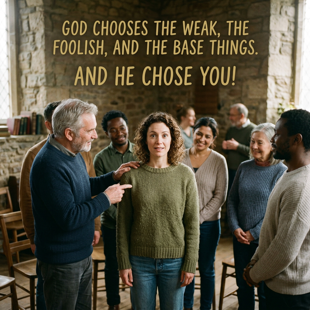 Text reads: GOD CHOOSES THE WEAK, THE FOOLISH, AND THE BASE THINGS. AND HE CHOSE YOU! A diverse group gathers around a woman.