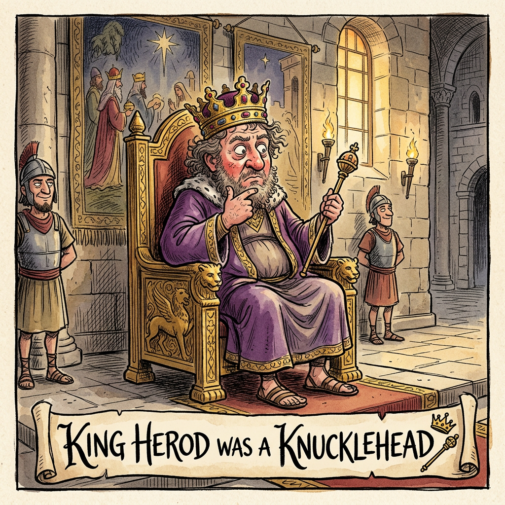 King Herod seated on a throne beneath text reading “King Herod was a knucklehead”