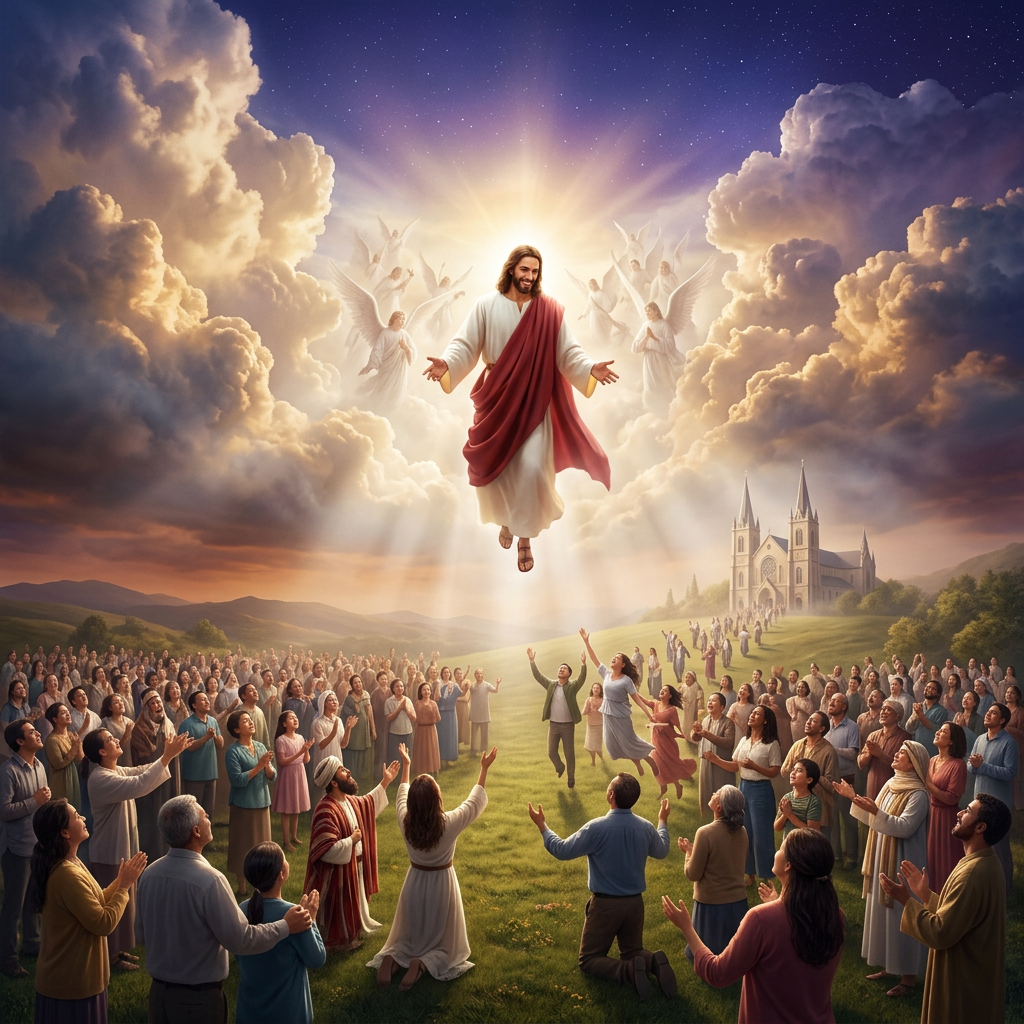 Radiant Christ figure above worshippers, angels, clouds, and a church