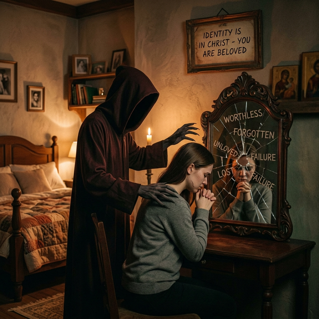 Hooded winged figure behind praying woman; mirror reads “WORTHLESS,” “FORGOTTEN,” “UNLOVED,” “FAILURE,” “LOST,” “FAILURE”; sign reads “IDENTITY IS IN CHRIST - YOU ARE BELOVED.”