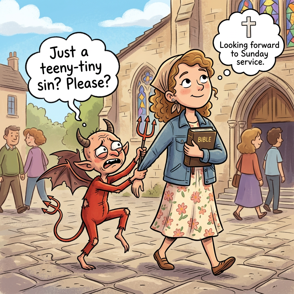 Cartoon text: “Just a teeny-tiny sin? Please?” and “Looking forward to Sunday service.” A devil tugs a woman carrying a Bible outside a church.