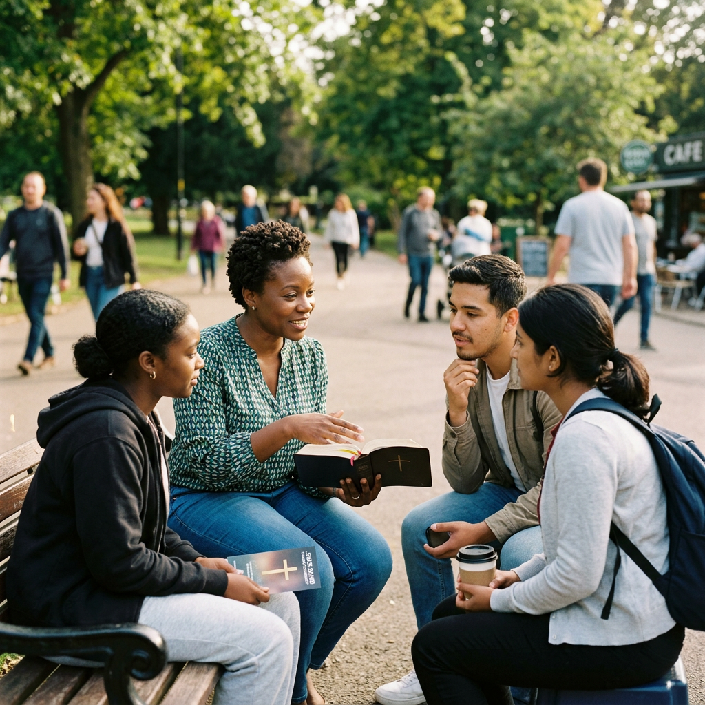 Four friends discussing books together on a park bench