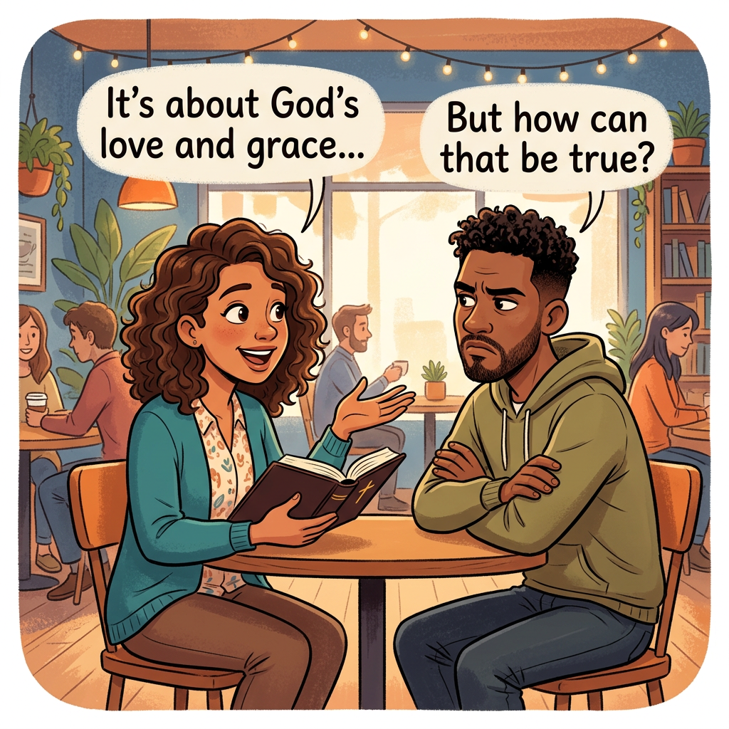 Two people discussing God’s love and grace over coffee